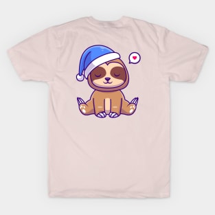 Cute Sloth Winter With Beanie Hat Cartoon T-Shirt